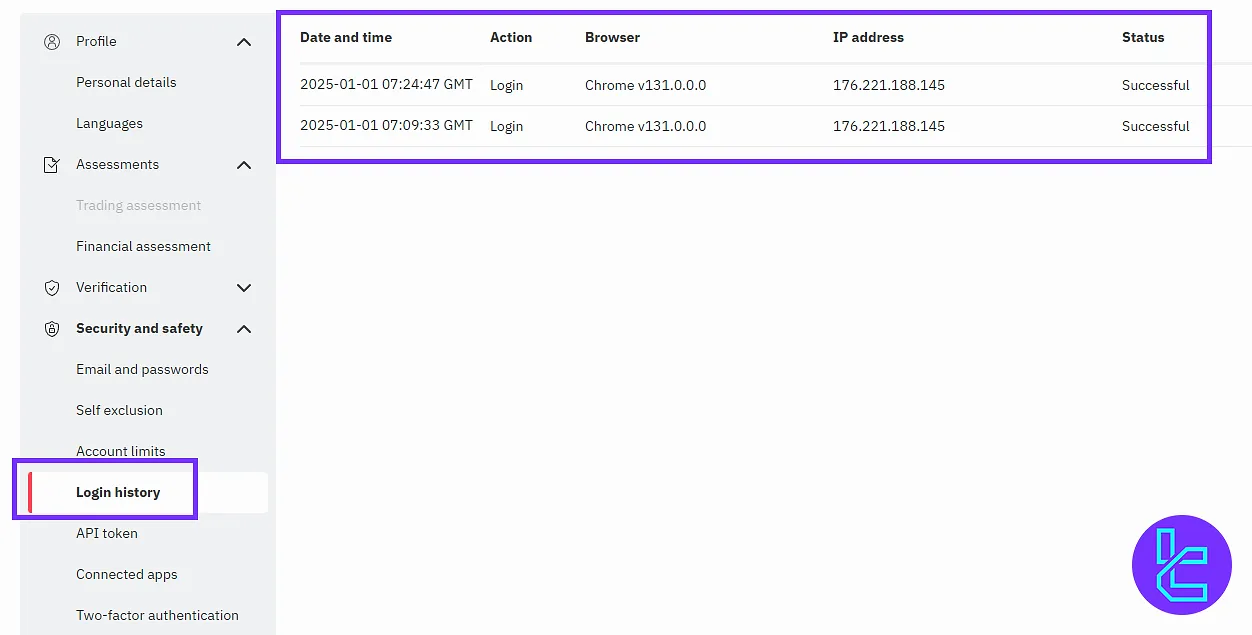 View login records in the Deriv user panel