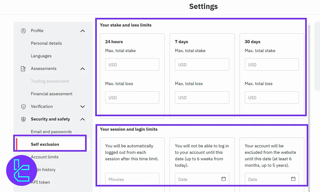 Self-exclusion settings in the Deriv user panel