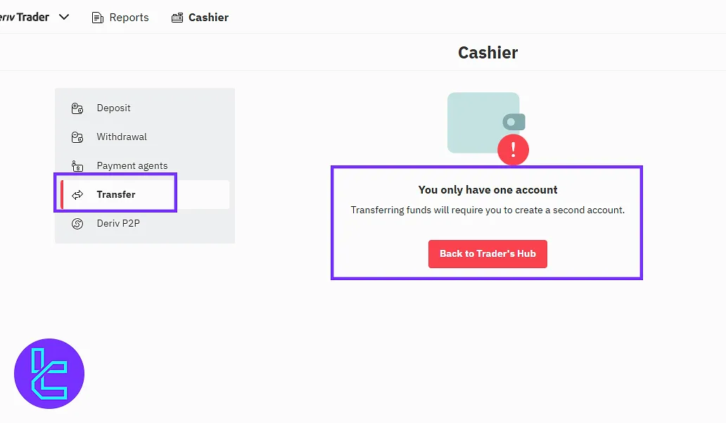 Transfer funds section in the Deriv broker dashboard