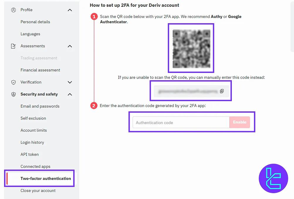 Enable 2FA in the Deriv user panel