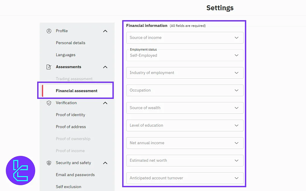Deriv user panel trading and financial assessments