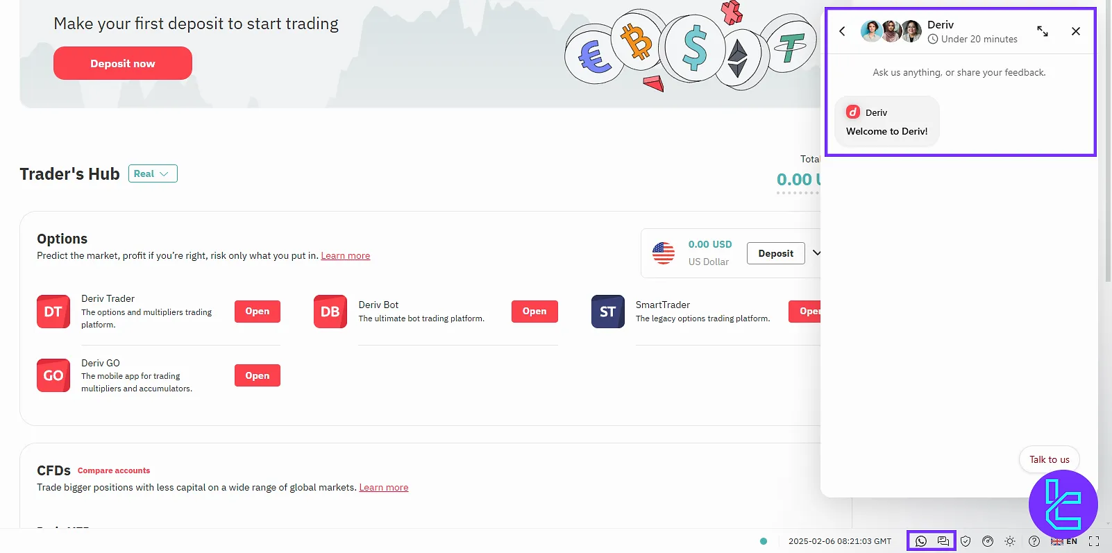 Deriv Support section in the user panel
