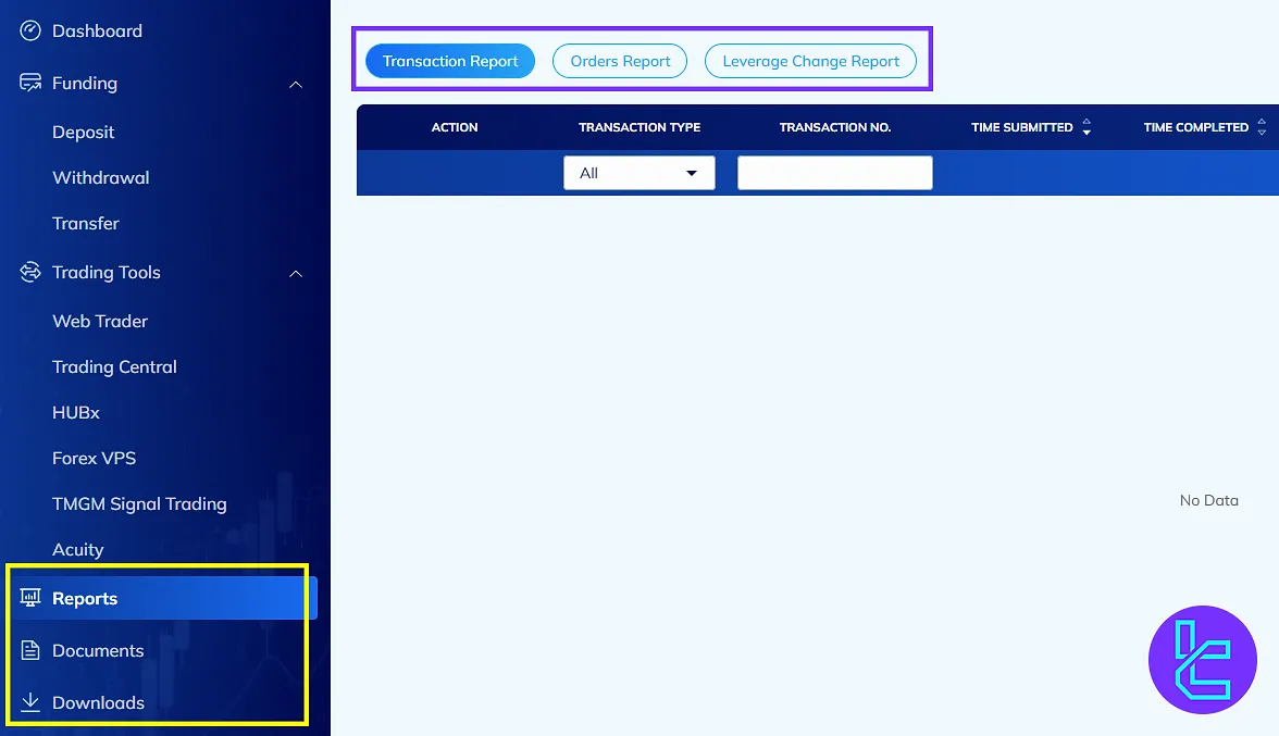 TMGM dashboard transaction report document download