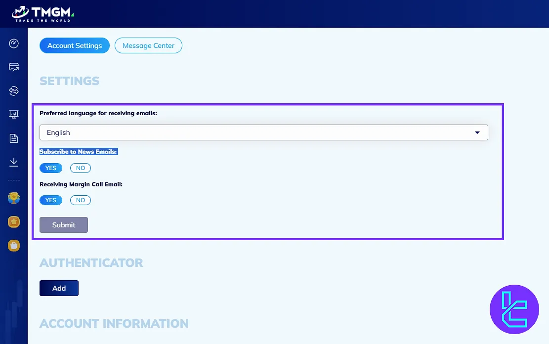 TMGM settings in the member area