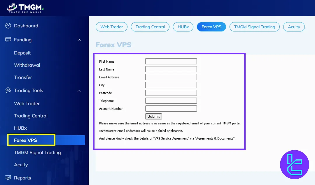 TMGM user panel VPS tool