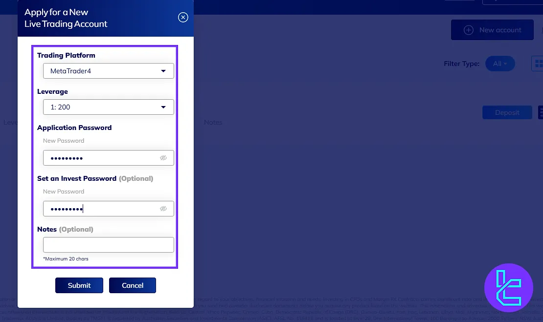 TMGM dashboard live and demo account creation
