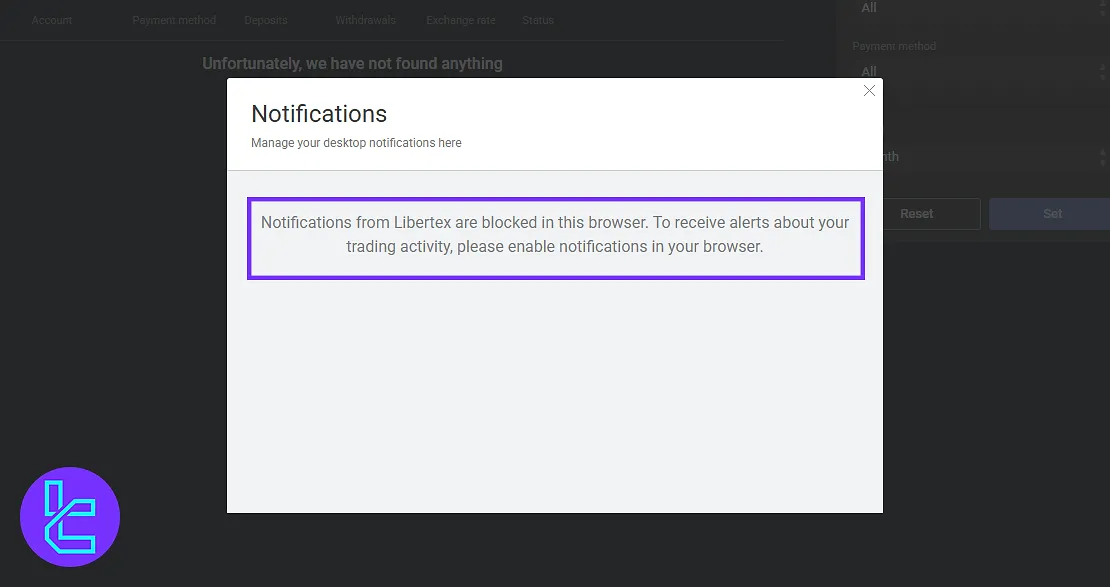 Libertex alert settings in the dashboard