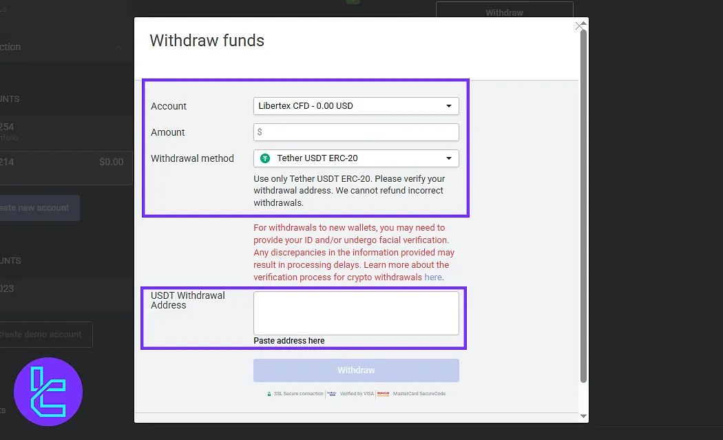Libertex withdraw funds option on the user panel