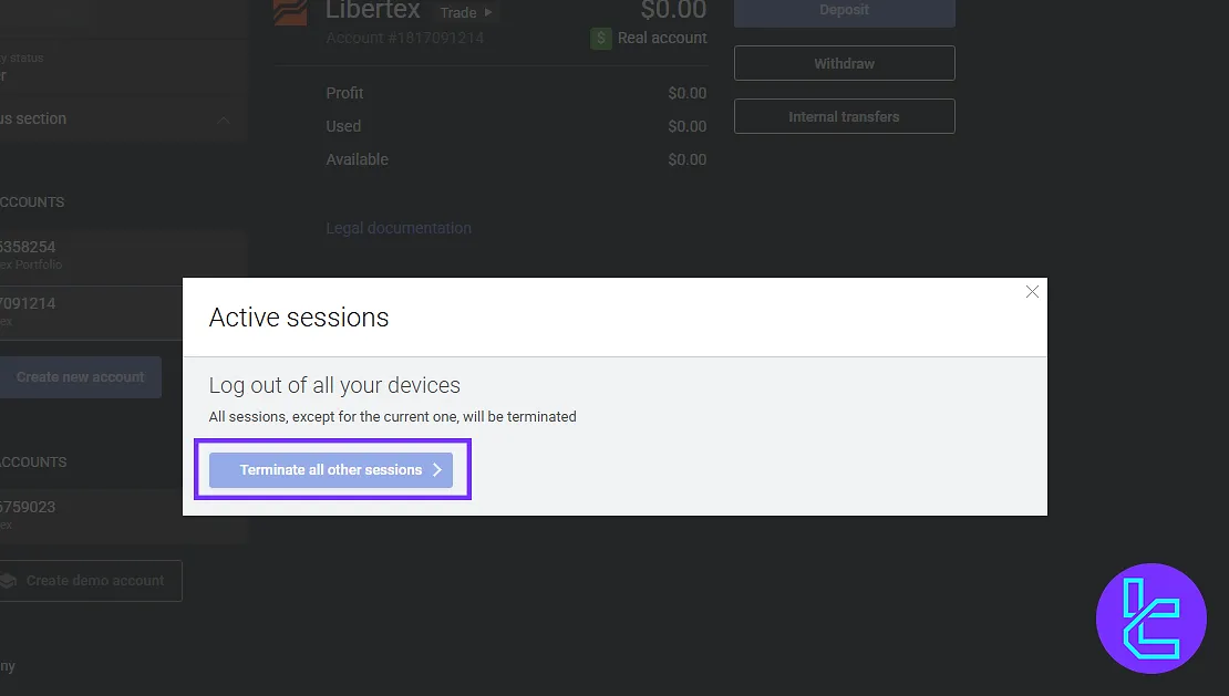 Libertex Active Sessions option on the panel