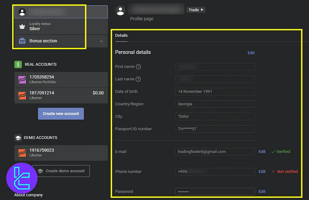 Libertex profile settings in the panel