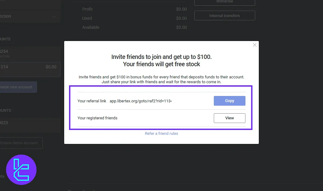 Libertex referral link accessible from the dashboard
