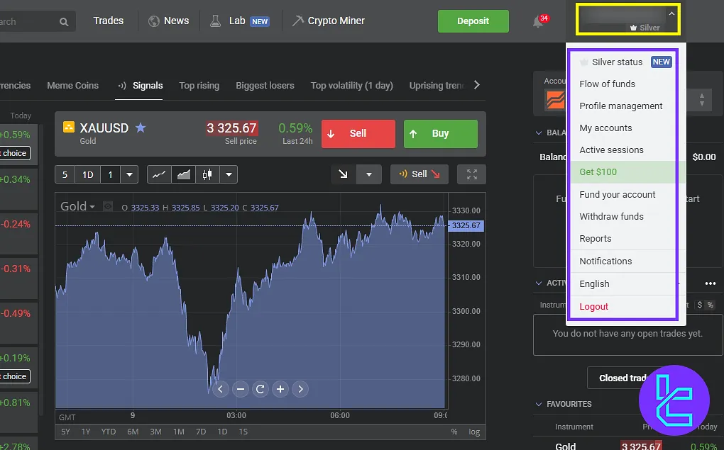 Libertex profile menu on the dashboard