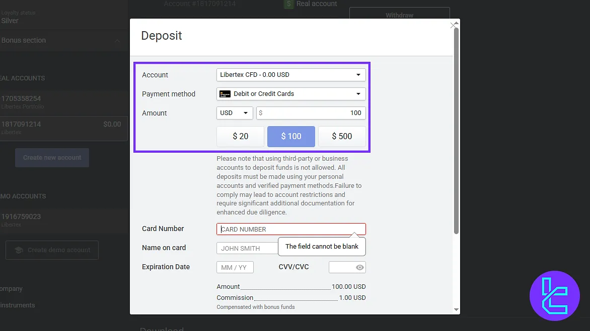 Libertex deposit section on the user panel