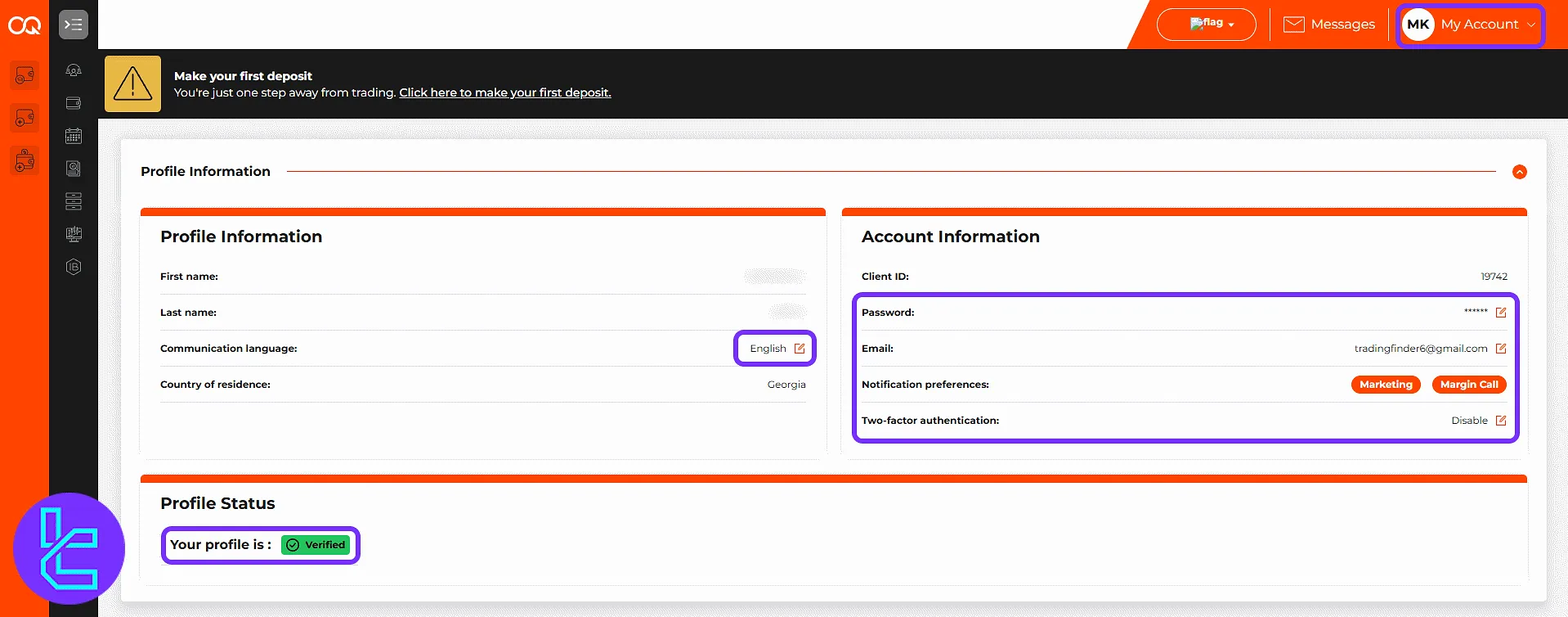 OQtima profile settings and account status in the user panel