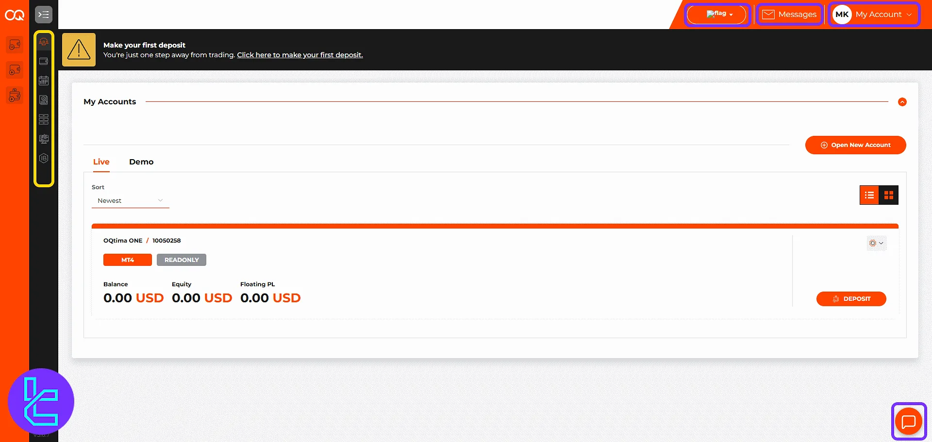 OQtima main panel interface and menu overview