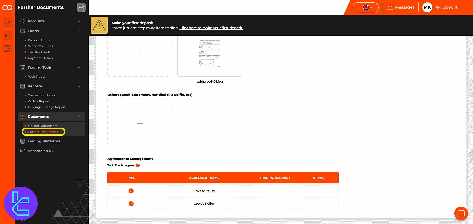 OQtima additional documents upload panel