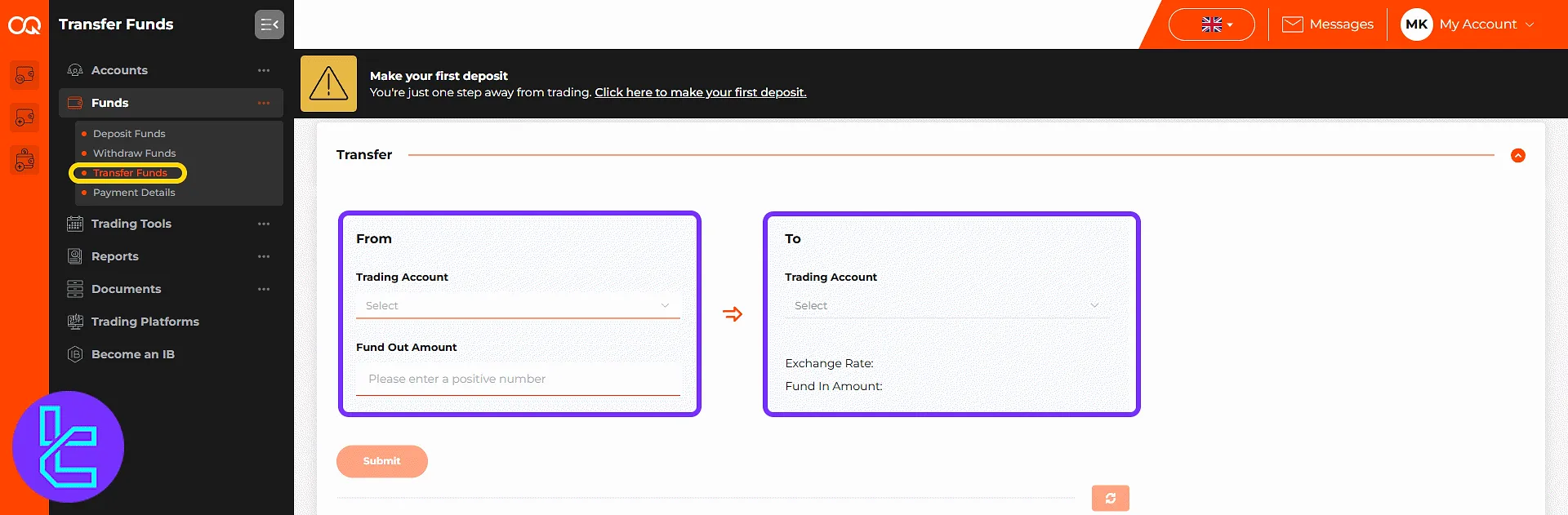 OQtima internal transfer form between accounts in the user panel
