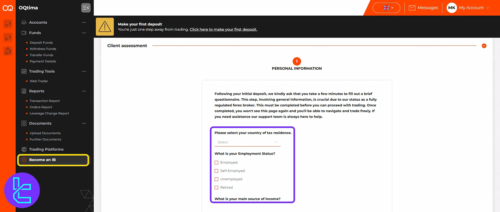 OQtima IB registration form and questionnaire in the panel