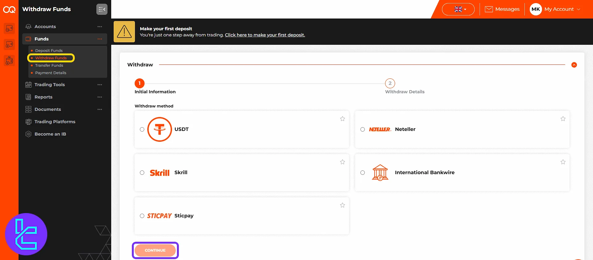 OQtima withdrawal method selection screen via the user area