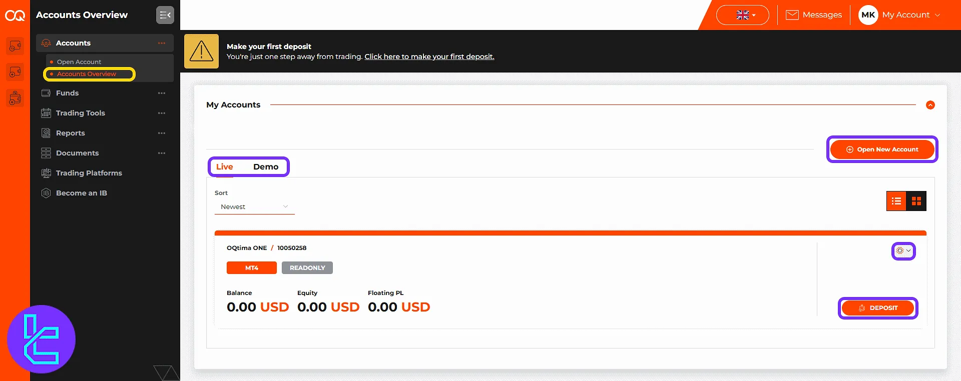 OQtima account overview panel and shortcuts