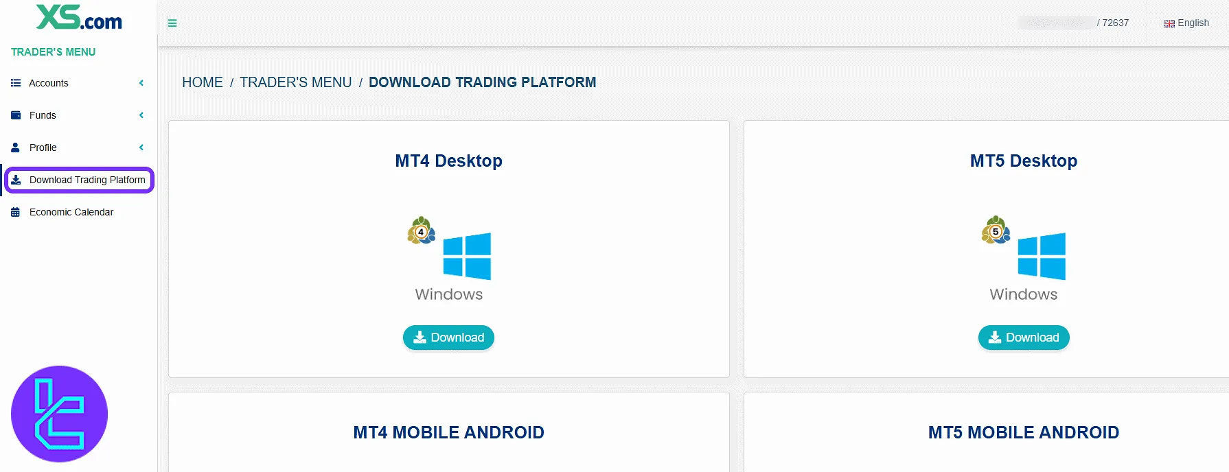 XS.com MT4 and MT5 platform download options through the client panel