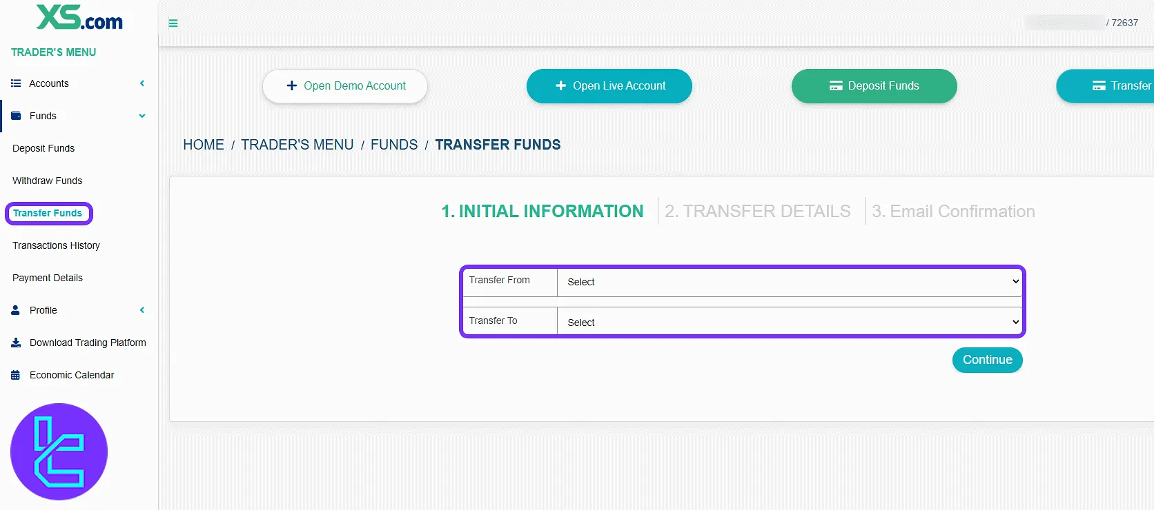 XS.com internal transfer panel