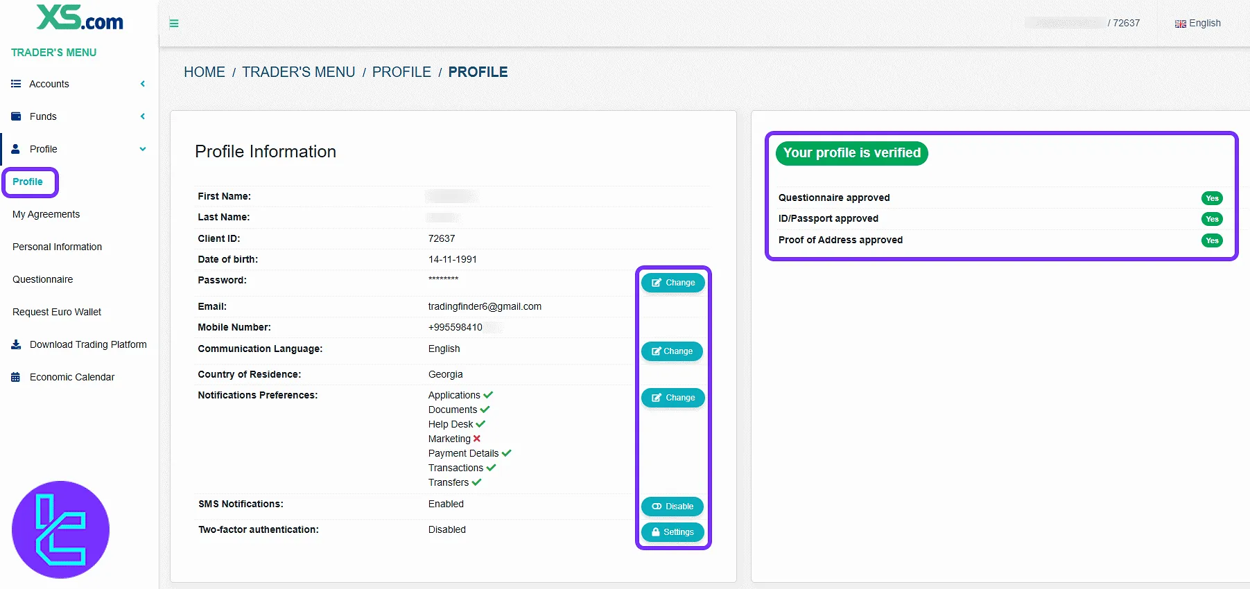 XS.com profile details and verification status in the user panel