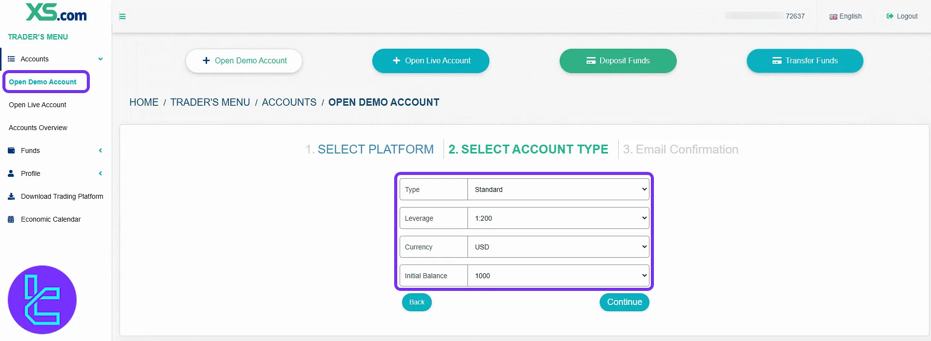 XS.com open account panel with platform and account settings