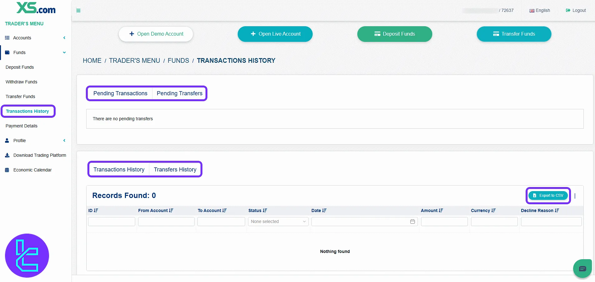 XS.com transaction and transfer history panel