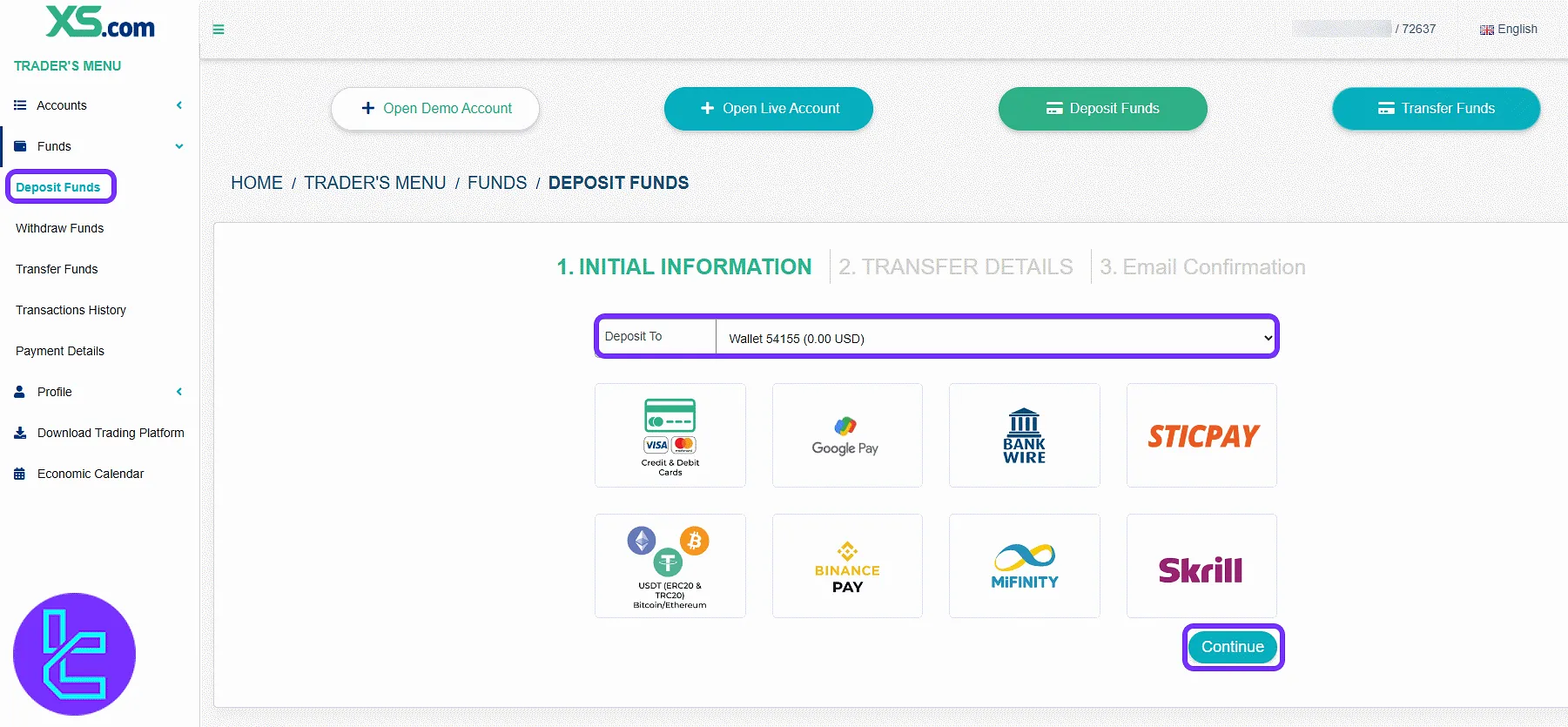 XS.com funding panel with payment method selection