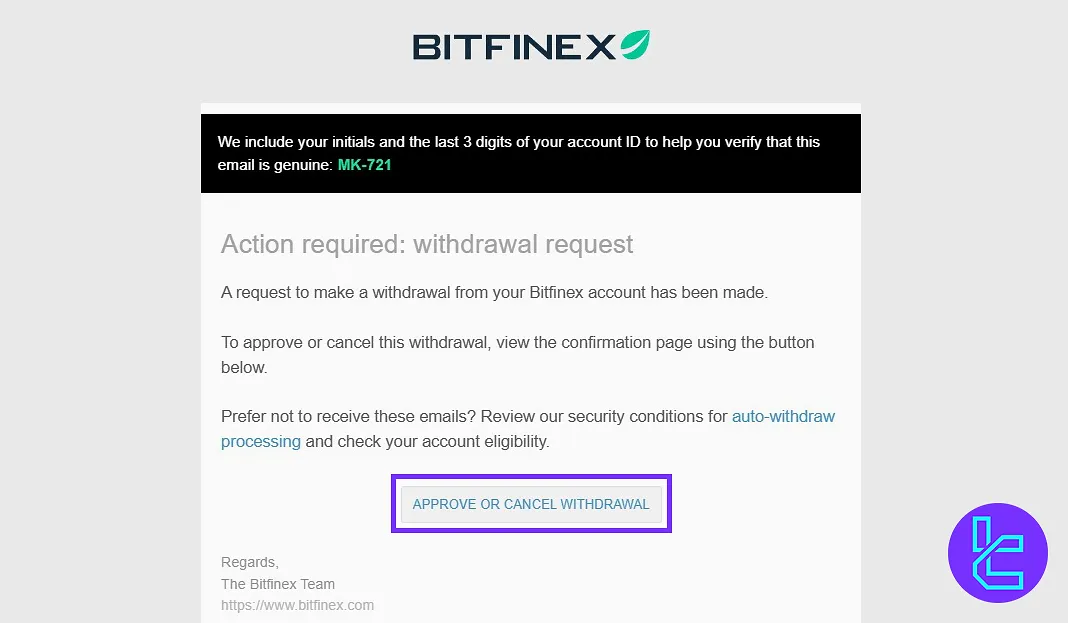 USDT TRC-20 withdrawal via Bitfinex email confirmation