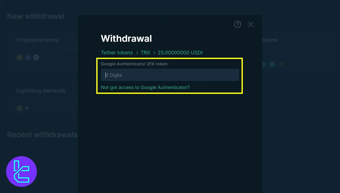 Tether TRC20 withdrawal on Bitfinex using Google Authenticator code