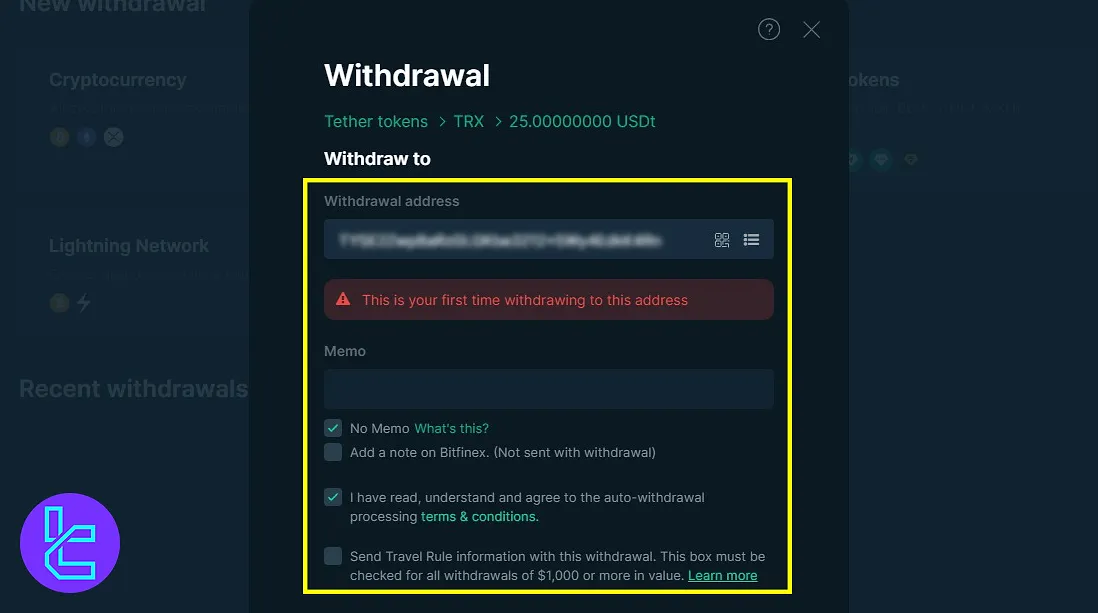 USDT TRC20 withdrawal address and memo in Bitfinex