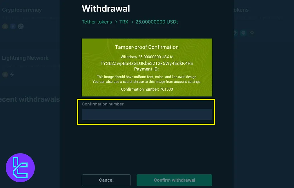 Tamper-Proof code for Tether TRC-20 withdrawal in Bitfinex