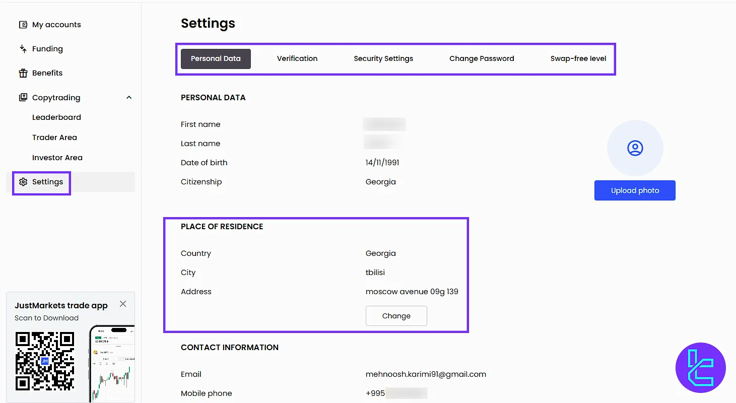 JustMarkets User Settings