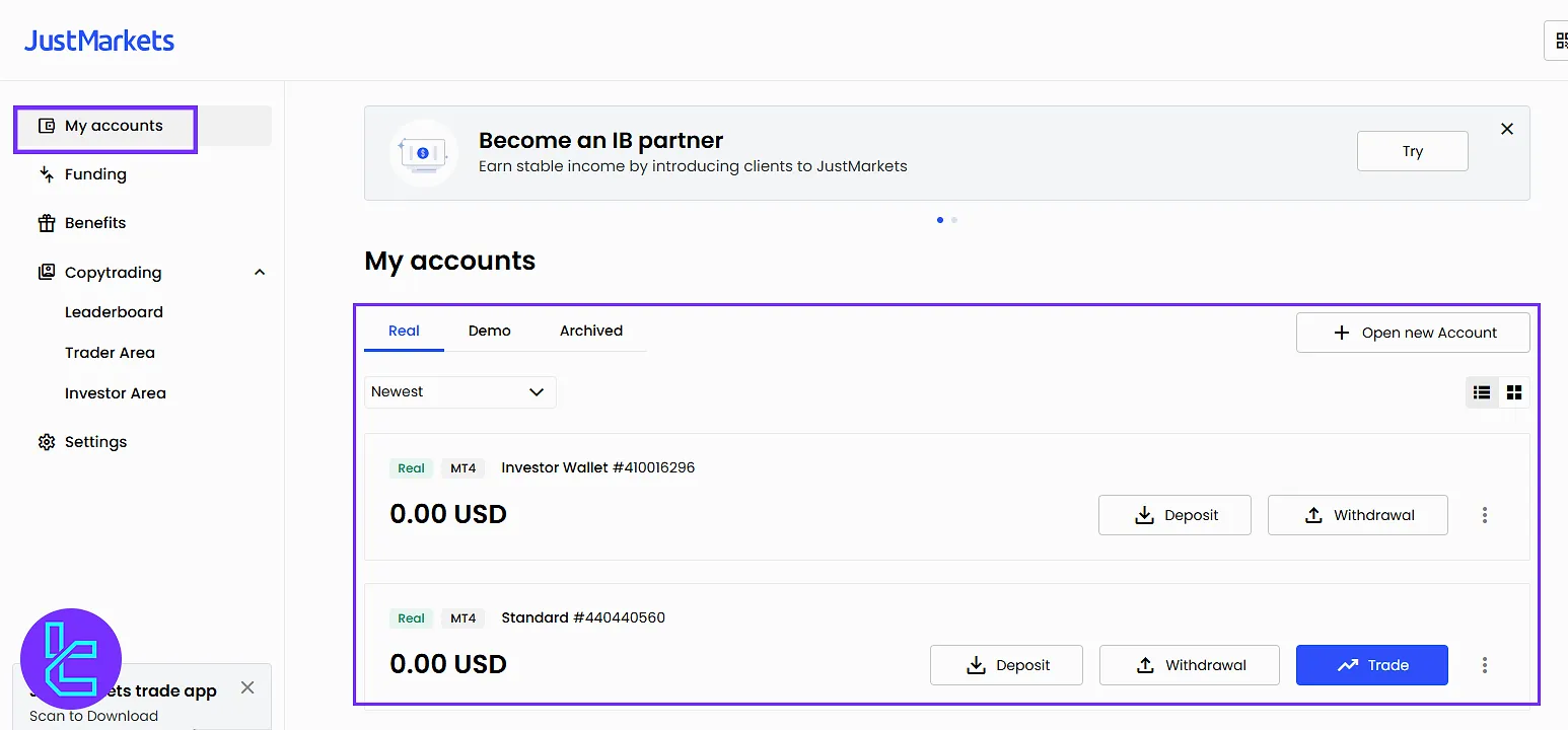 JustMarkets My Account Tools