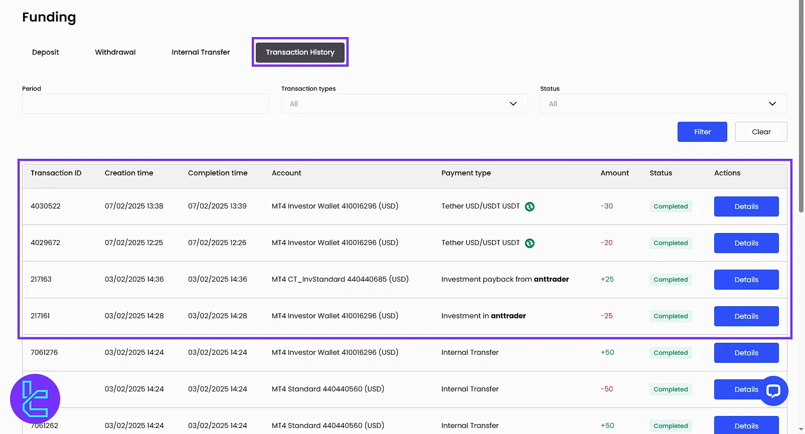 JustMarkets Transaction History Section