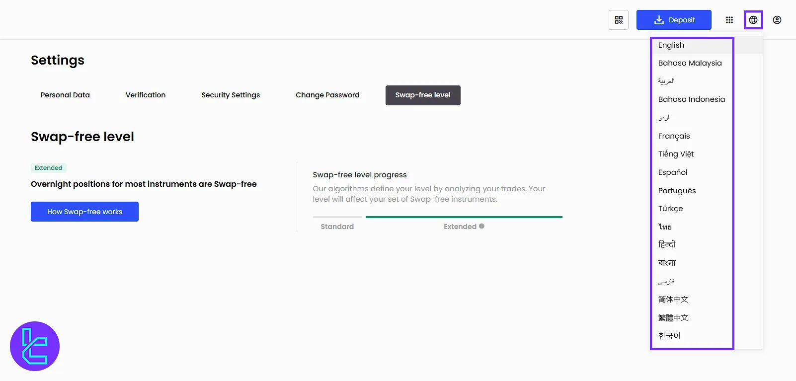 JustMarkets Language Setting