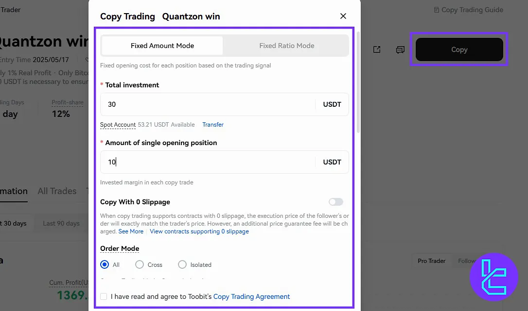 Fixed Amount settings in Toobit Copy Trading