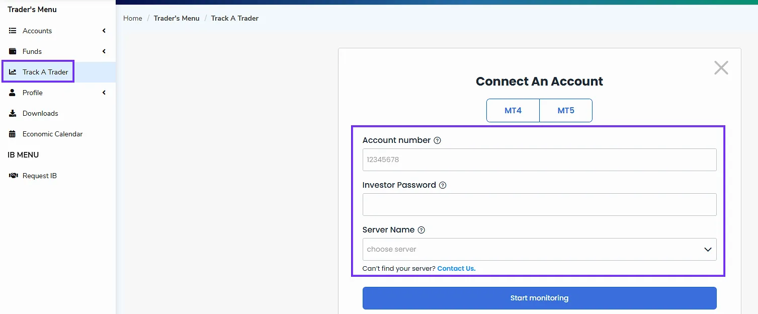 Switch Markets dashboard track trader section