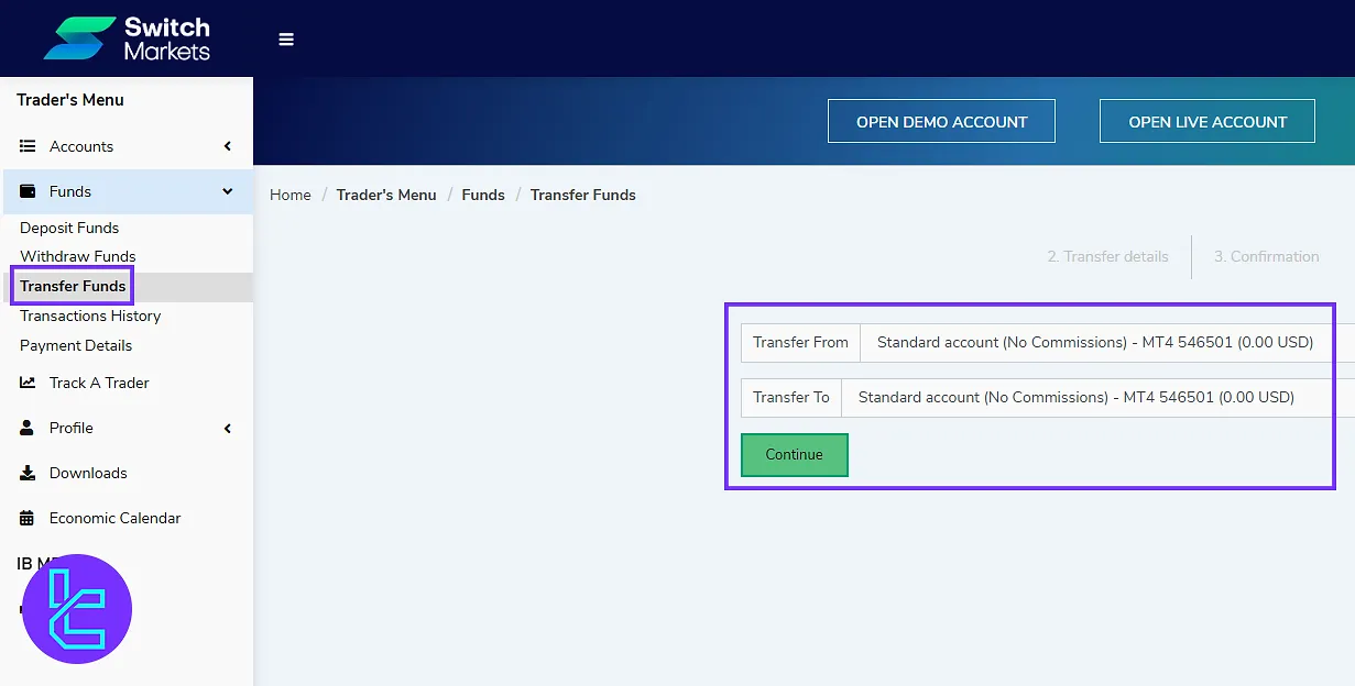 Switch Markets member area’s internal transfer section