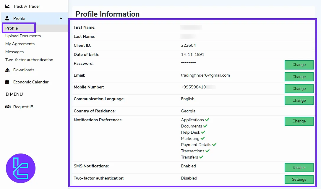 Switch Markets user panel’s profile and two-factor authentication