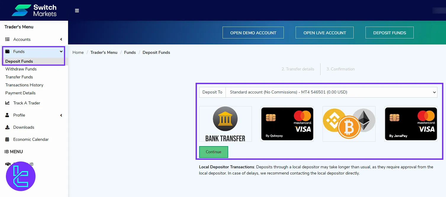 Switch Markets dashboard deposit funds section