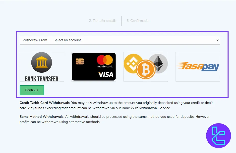 Switch Markets Withdraw Funds section in the user panel