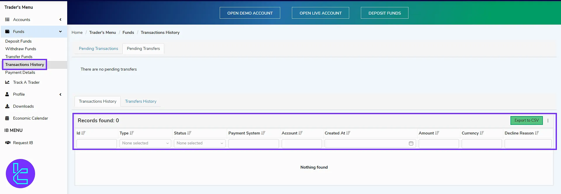 Switch Markets user panel transaction and pending transfers