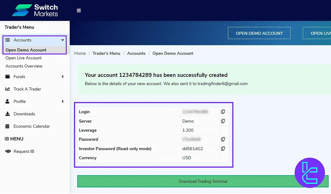 Switch Markets demo account details through the dashboard