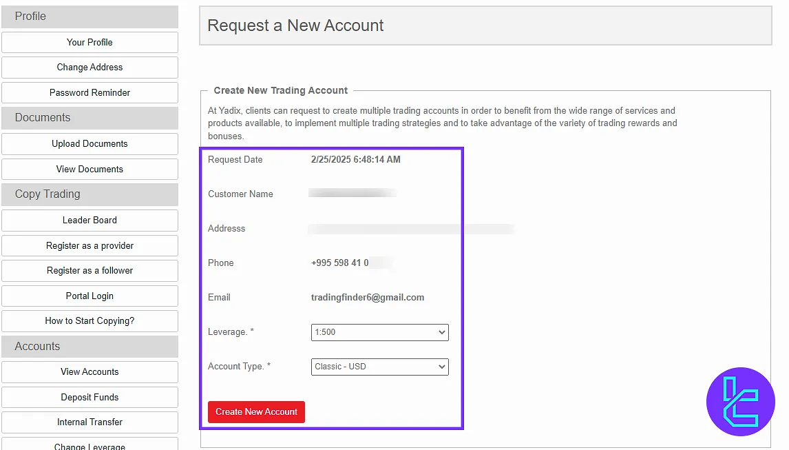 Requesting a new Yadix account from the dashboard