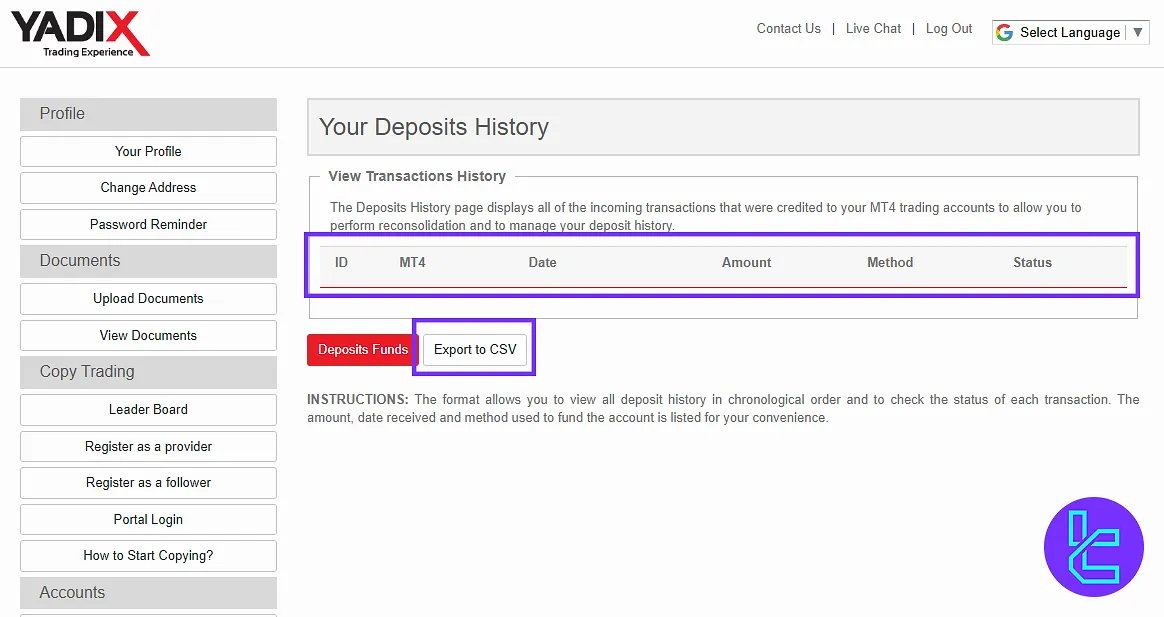 Yadix panel transaction history