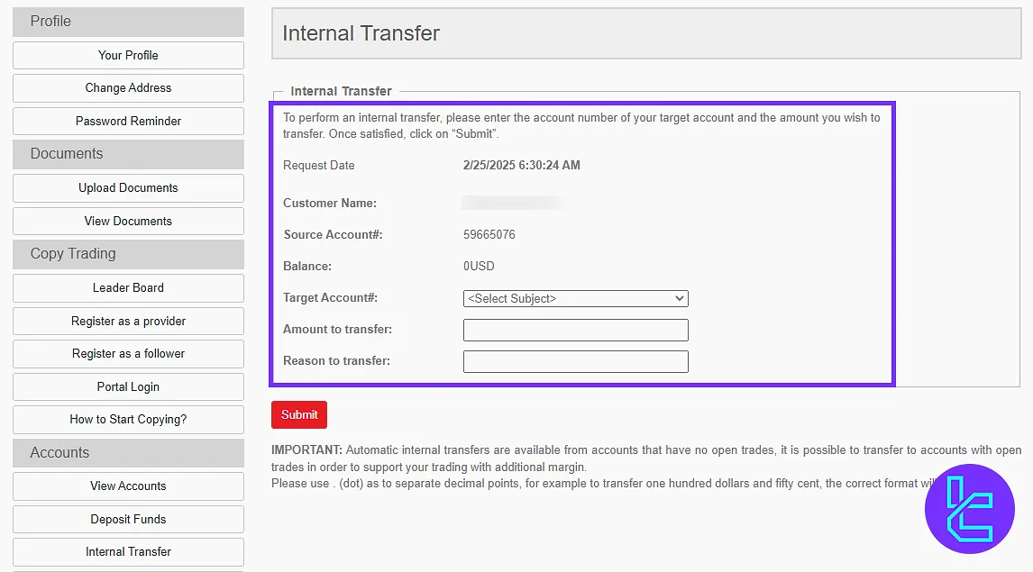 Yadix internal transfer in the user panel