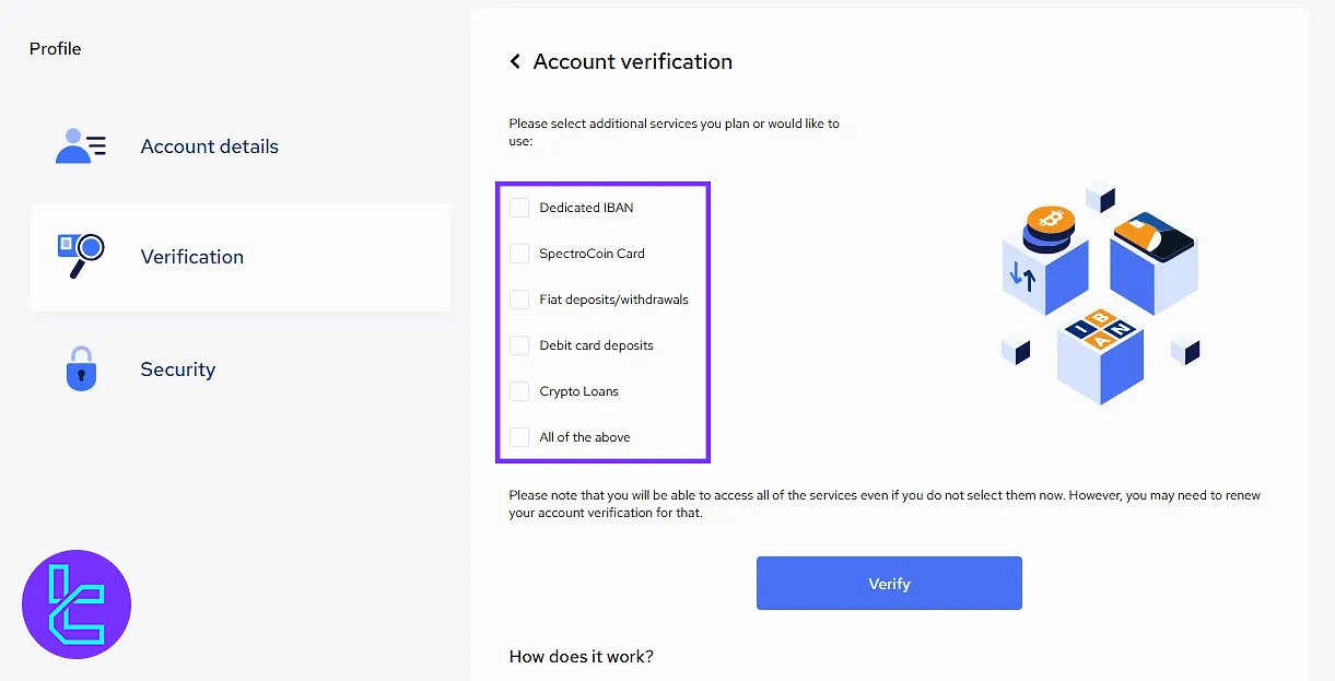 SpectroCoin account verification and service selection